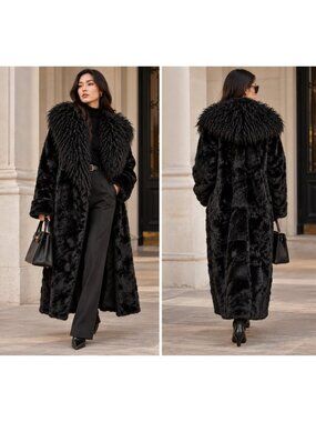 Carole Little Women's Vintage Rabbit Fur Coat Mongolian Lamb Collar Black M